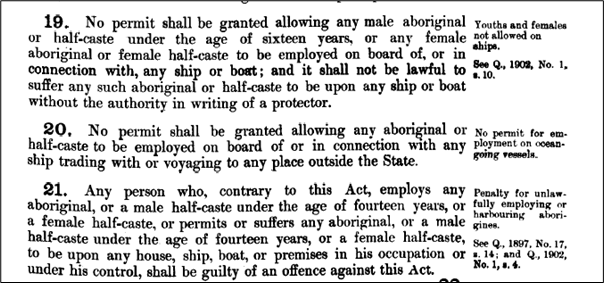 Excerpt from the Aborigines Act 1905, Sections 19 to 21.
