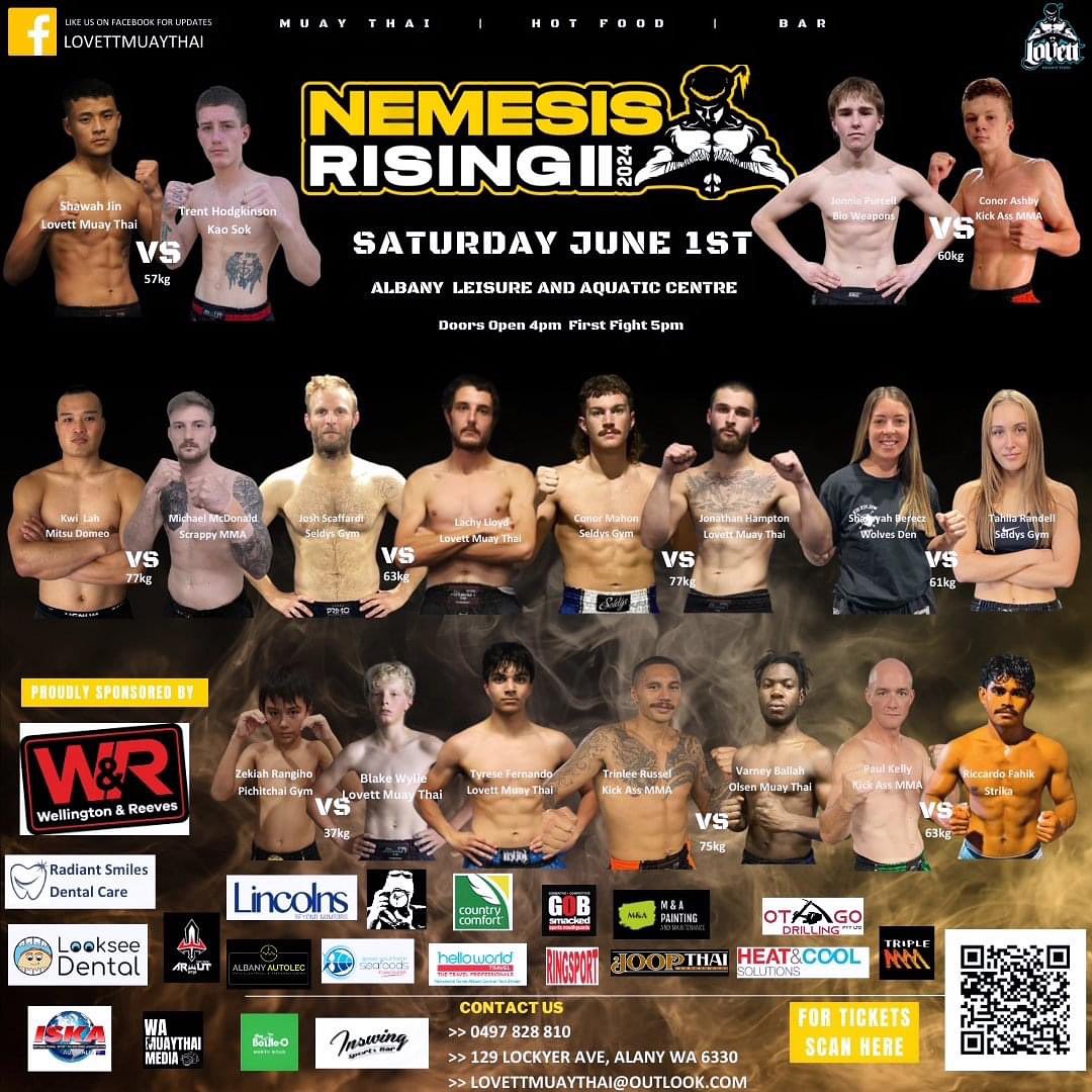 20 Muaythai athletes with text:  Nemesis Rising 2 - Saturday 1 June. Albany Leisure and Aquatic Centre