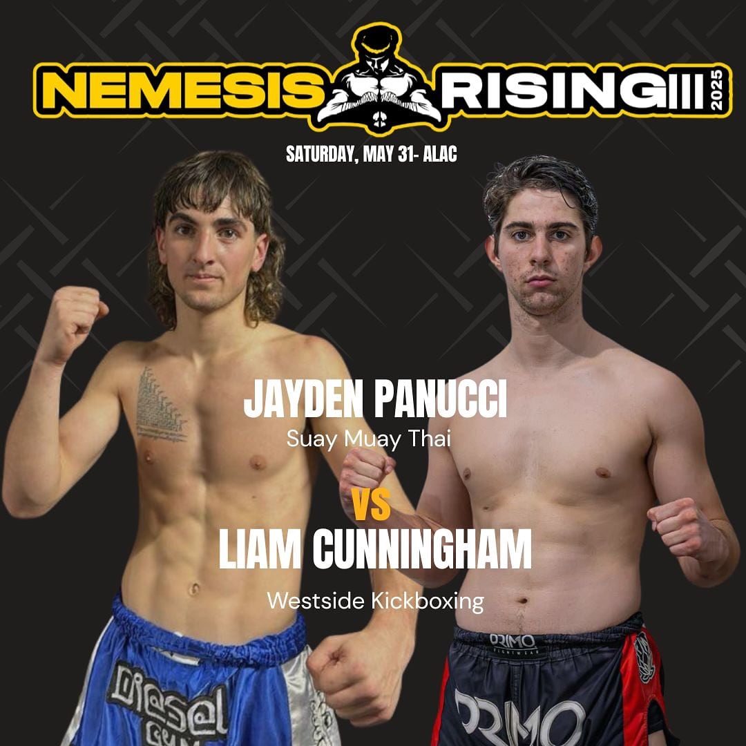 Two men in combat sports attire with the text: Nemesis Rising 2025. Panucci vs Cunningham.
