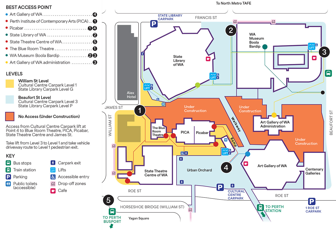 A map of the Perth Cultural Centre with a large section which is closed, in the middle, due to constuction