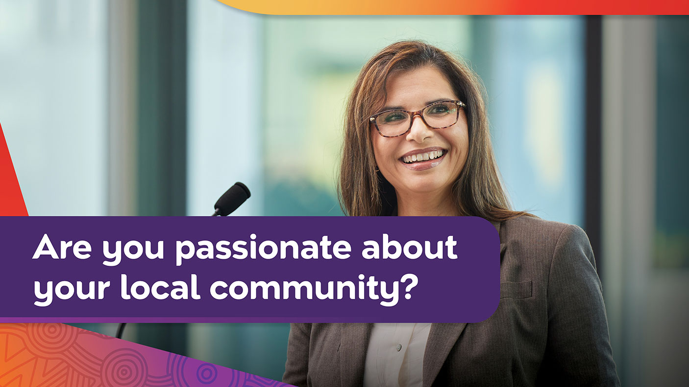 A woman stands behind a microphone. Text reads Are you passionate about your local community?